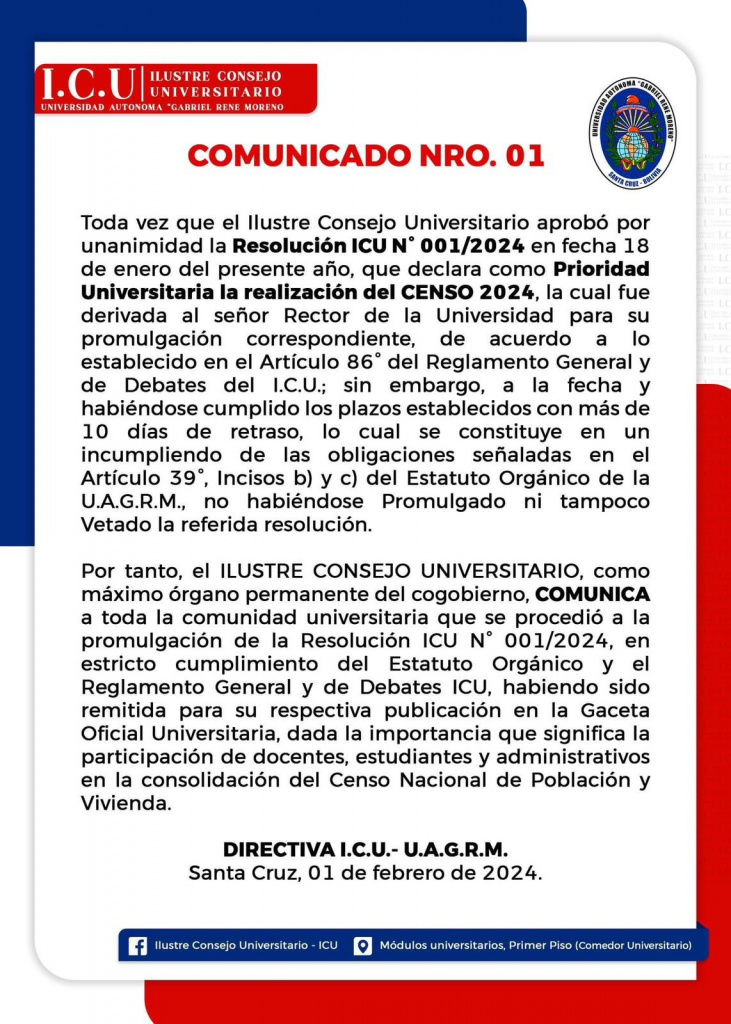 INE destaca resolución del Consejo Universitario de la UAGRM que declara prioridad el Censo 2024